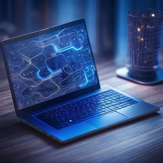 A stylized illustration of a laptop with a glowing screen, surrounded by puzzle pieces fitting together seamlessly, amidst a subtle background of connected nodes and flowing lines, conveying efficiency and harmony.