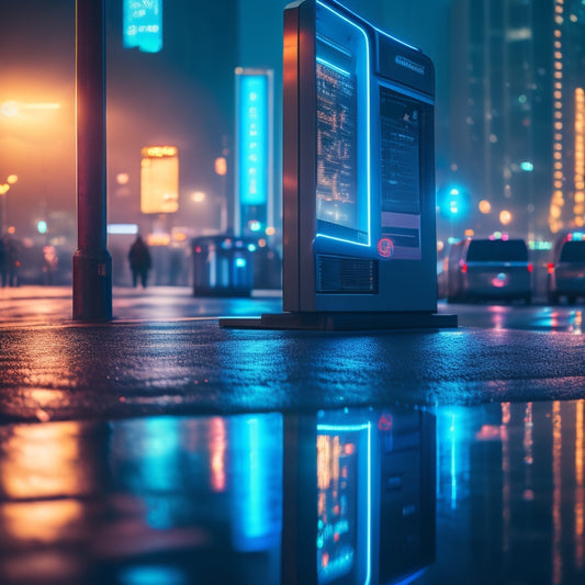 A futuristic, sleek, and modern cityscape at dusk with neon lights reflecting on a wet pavement, featuring a large, glowing payment terminal in the foreground, surrounded by hovering smartphones and tablets.