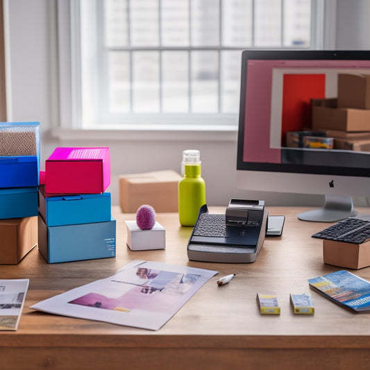 A colorful and organized desk scene featuring a laptop with a Shopify login screen, a printer with a shipping label rolling out, and a few neatly packed boxes with shipping materials scattered around.