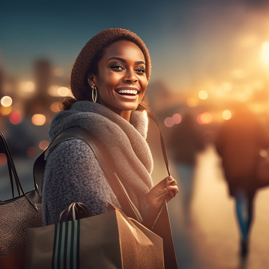An illustration of a smiling customer surrounded by concentric circles of interconnected shopping bags, with a subtle background of a cityscape at dusk, symbolizing repeat business and loyalty.
