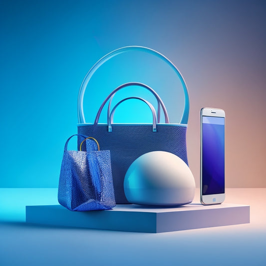 A futuristic, minimalist illustration featuring interconnected gears, shopping bags, and mobile phones, blending into a seamless digital landscape with subtle gradients and soft lighting.