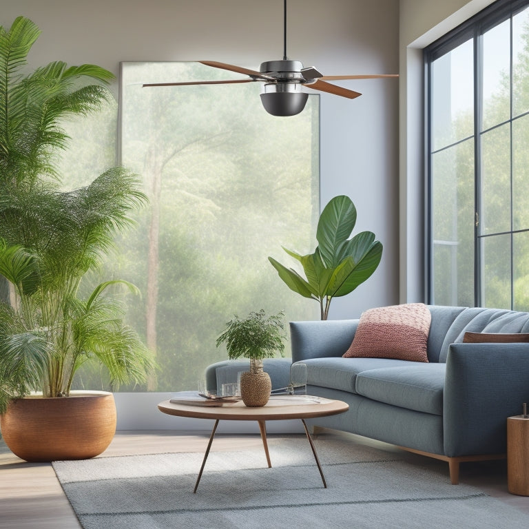 A serene living room with a Hunter Fan spinning lazily above, its sleek blades and modern design complementing the cozy atmosphere, surrounded by lush green plants and a refreshing misty background.