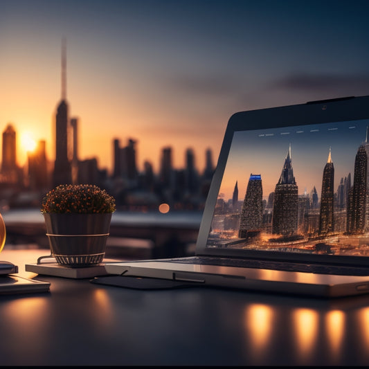 A futuristic ecommerce website dashboard on a sleek, silver laptop, surrounded by scattered shopping bags, credit cards, and a miniature globe, set against a blurred cityscape background at dusk.