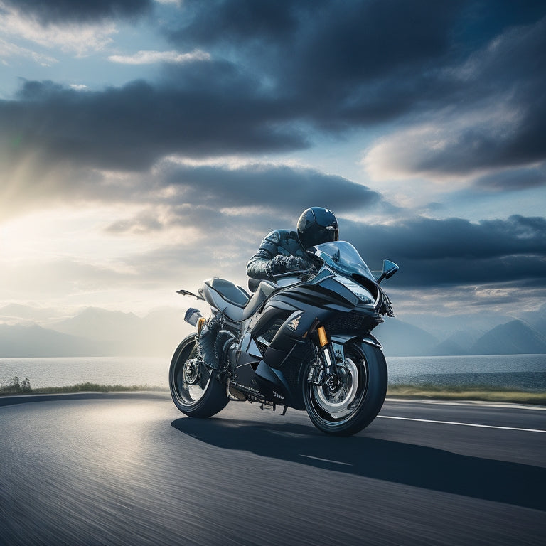 A sleek, black Kawasaki Ninja motorcycle in mid-air, wheels spinning, surrounded by a swirling mist of asphalt and speed lines, set against a bright, sunny sky with fluffy white clouds.