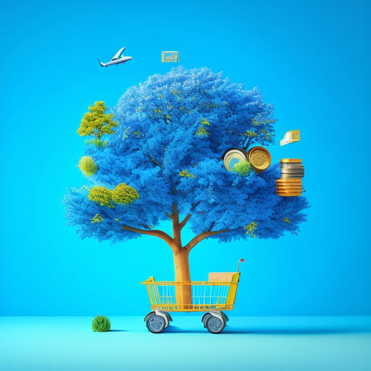 A minimalist illustration of a thriving e-commerce ecosystem, featuring a blooming tree with roots shaped like a shopping cart, surrounded by orbiting gears, coins, and packages, set against a bright blue background.