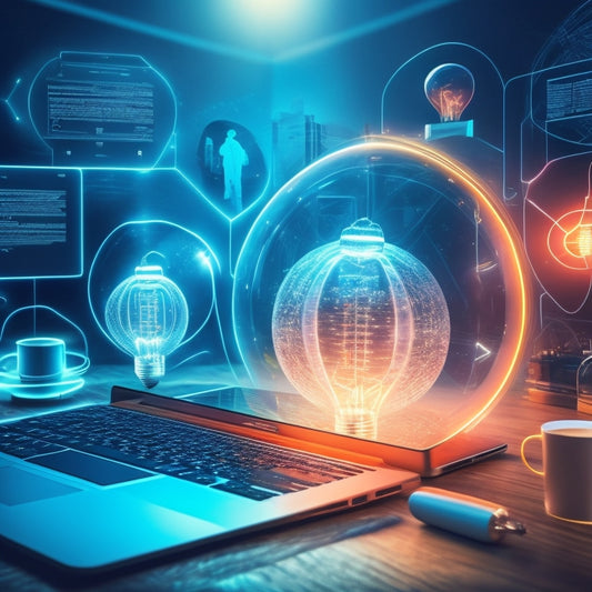 A futuristic, minimalist illustration featuring a large, glowing lightbulb surrounded by various digital devices, including laptops, tablets, and smartphones, with subtle, swirling patterns of code and circuits in the background.