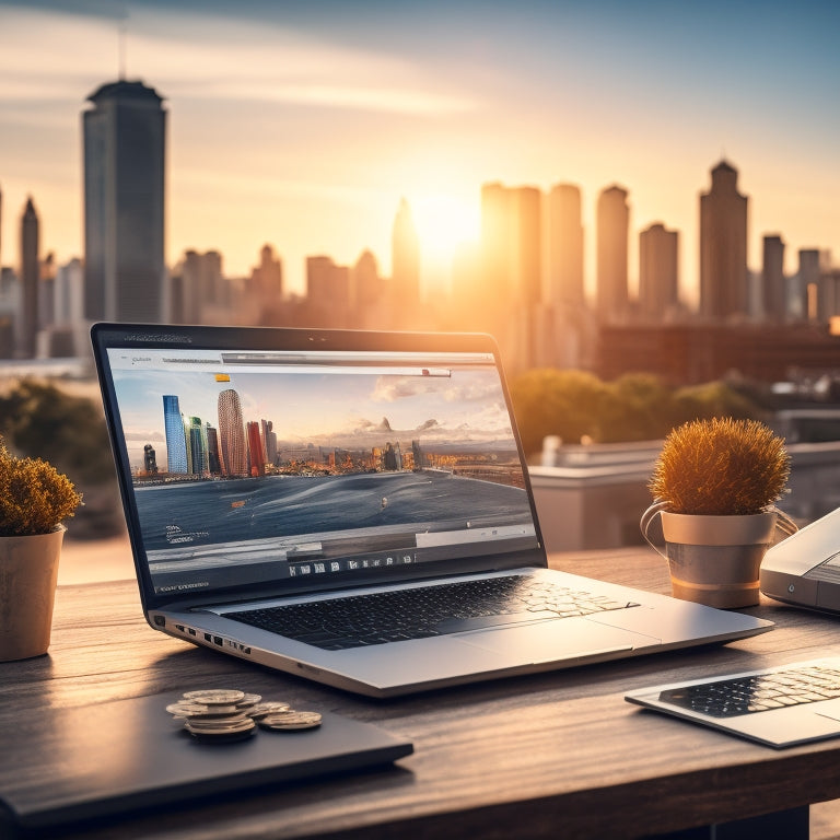 An illustration of a laptop with a WooCommerce dashboard open, surrounded by rising graphs, coins, and shopping bags, set against a cityscape background with a bright, sunny sky.