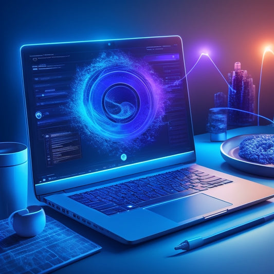 A stylized illustration of a laptop with a glowing screen, surrounded by swirling shapes and icons representing online shopping, graphs, and charts, set against a bright, gradient blue background.