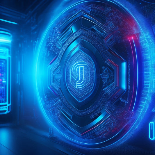 A futuristic, high-tech background with glowing blue circuits and neon lights, featuring a stylized shield icon with a bold, red "X" mark through a fraudulent transaction symbol, surrounded by swirling patterns of code and locks.
