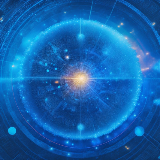 An abstract illustration of interconnected gears, with glowing blue lines and sparks, surrounded by orbiting circles of various sizes, representing data and customer profiles.