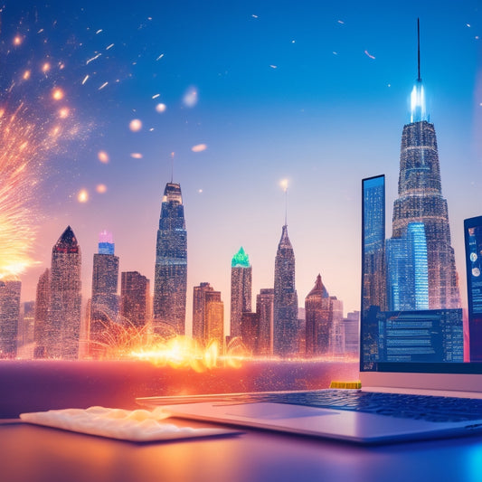 An illustration of a rocket ship blasting off from a laptop screen, surrounded by rising graphs and confetti, with a cityscape in the background, symbolizing business growth and success.