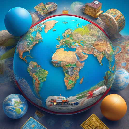 An illustration of a globe with puzzle pieces of different countries fitting together seamlessly, surrounded by various modes of transportation, currency symbols, and digital connections.