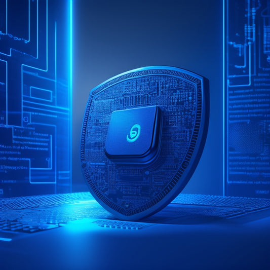 A shield with a subtle ecommerce-inspired design, surrounded by faint outlines of laptops, shopping carts, and locks, set against a dark blue background with a subtle gradient of circuit board patterns.