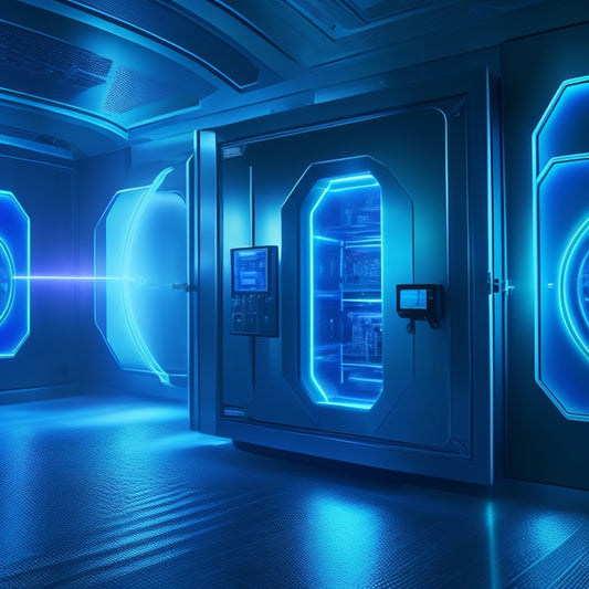 A futuristic vault with glowing blue lines, surrounded by holographic screens displaying digital products, and a merchant's hand securely locking it with a digital key.