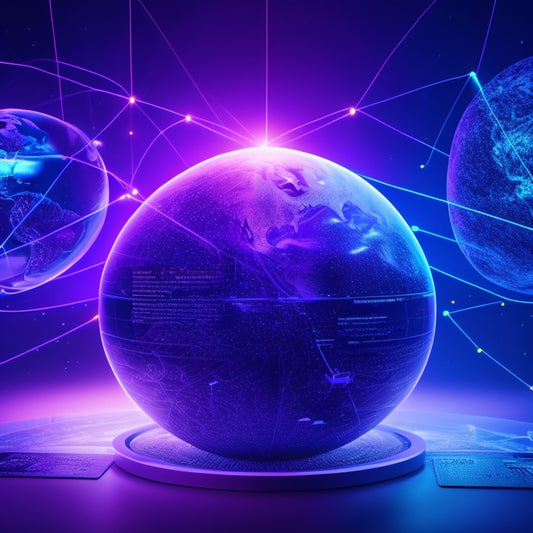 A futuristic illustration of a globe with glowing blue digital payment pathways crisscrossing it, surrounded by orbiting credit cards, laptops, and mobile devices, set against a dark blue and purple gradient background.