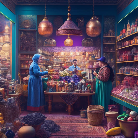 An illustration of a vibrant, fantastical marketplace with diverse, eccentric shopkeepers surrounded by eclectic products, oddities, and curiosities, set against a whimsical, dreamlike background with subtle, shimmering lights.