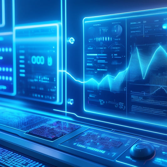 A futuristic dashboard with glowing blue lines and nodes, surrounded by intricate circuit boards, displaying a 3D graph with rising and falling peaks, amidst a dark, gradient background.