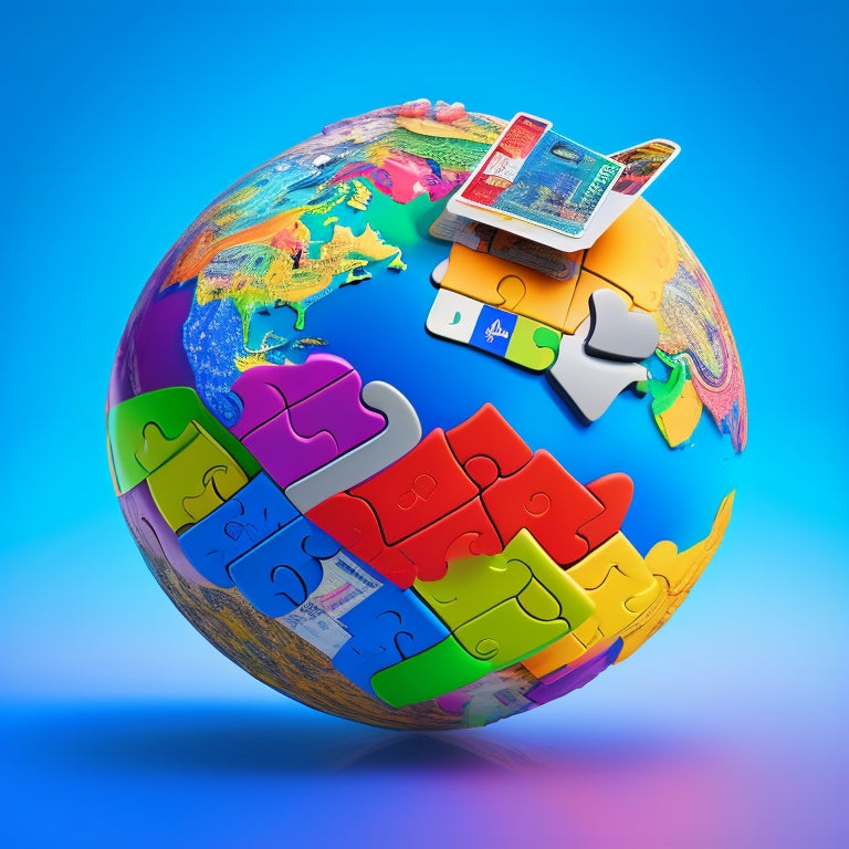 An abstract illustration of a globe with puzzle pieces of different shapes and colors fitting together, surrounded by various credit card logos and subtle hints of commerce and exchange.