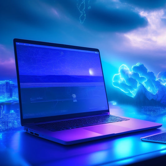 A futuristic, minimalist illustration of a laptop screen displaying an online store with digital products, seamlessly connected by glowing blue circuits and wires, surrounded by subtle, swirling clouds of code.