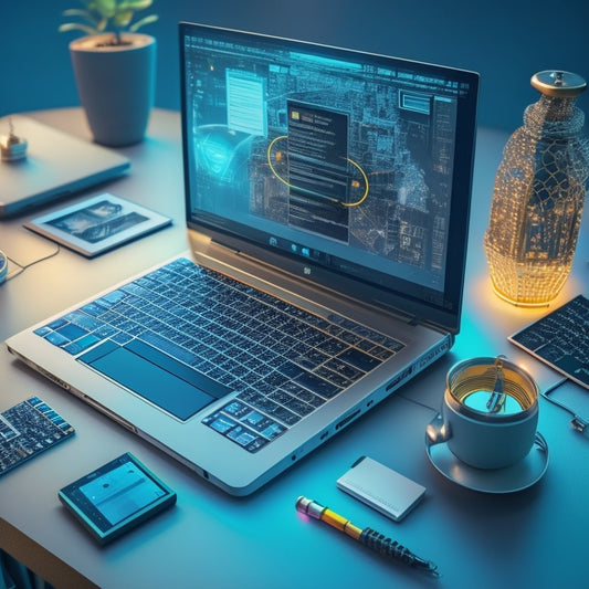 A stylized illustration of a laptop sitting on a desk, surrounded by digital devices and abstract shapes representing digital products, with a subtle background of circuits and coding patterns.