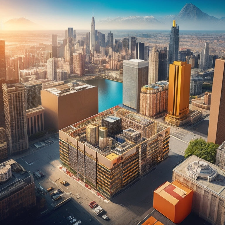 An illustration depicting a sprawling metropolis with an Amazon package at its center, surrounded by towering skyscrapers labeled with icons for advertising, technology, and e-commerce.