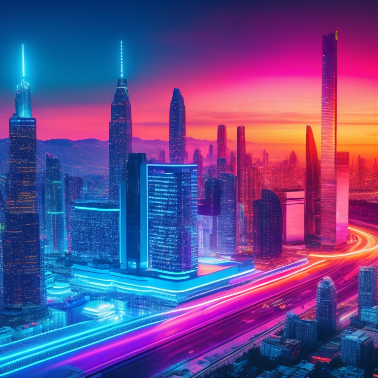 A futuristic, high-tech cityscape at sunset with sleek skyscrapers, neon lights, and holographic screens displaying digital marketplaces and e-commerce platforms, with a bold, glowing black box at the center.