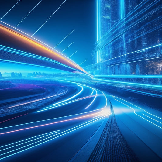 A futuristic digital landscape with glowing blue circuits, swift arrows, and speeding packets zooming through fiber optic cables, converging at a central hub, symbolizing instant online product delivery.