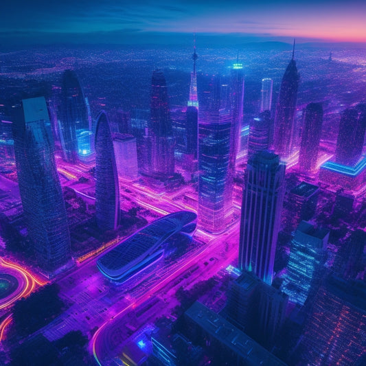A futuristic, neon-lit cityscape at dusk with sleek skyscrapers, vibrant holographic advertisements, and flying drones carrying digital tablets, surrounded by swirling patterns of ones and zeros.