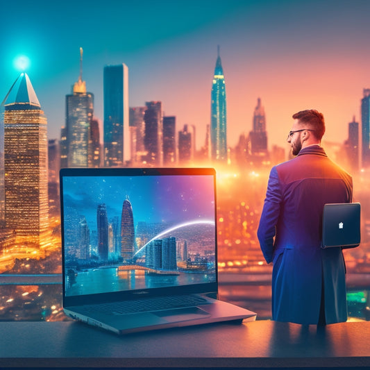 An illustration of a person standing in front of a laptop, surrounded by various e-commerce icons, with a cityscape in the background, symbolizing growth and limitless opportunities.