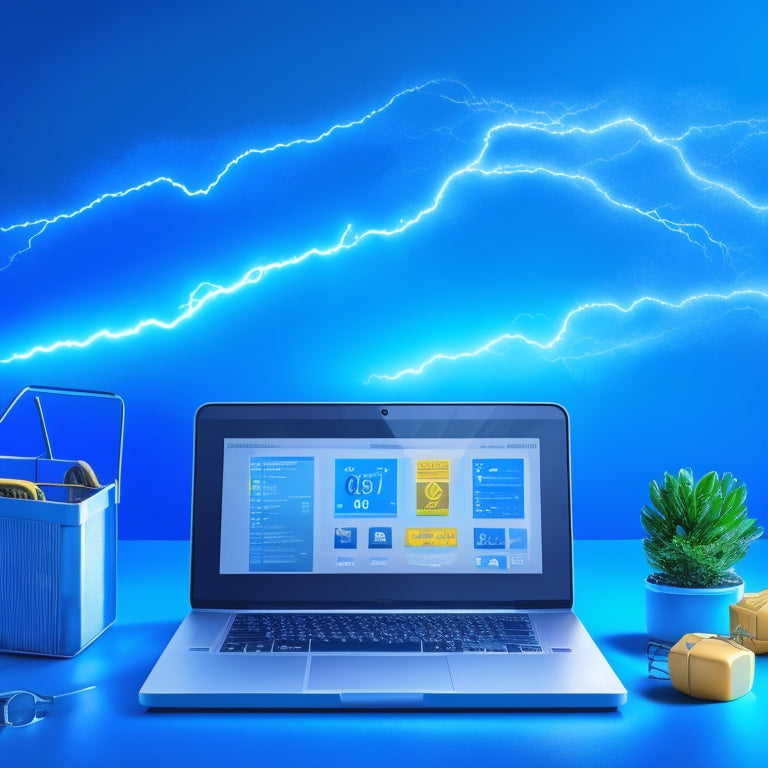 A minimalist illustration depicting a laptop with a speedometer dial on the screen, surrounded by e-commerce icons (shopping cart, package, etc.) and abstract lightning bolts, set against a bright, electric blue background.