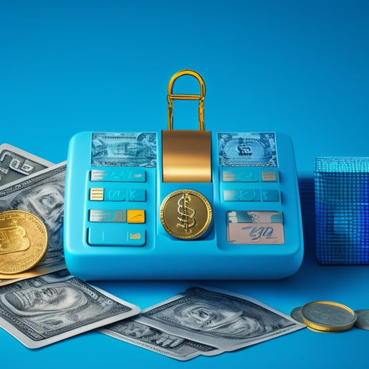 An illustration of a combination lock with a credit card inserted, surrounded by coins and dollar bills spilling out, set against a gradient blue background with subtle commerce-themed patterns.