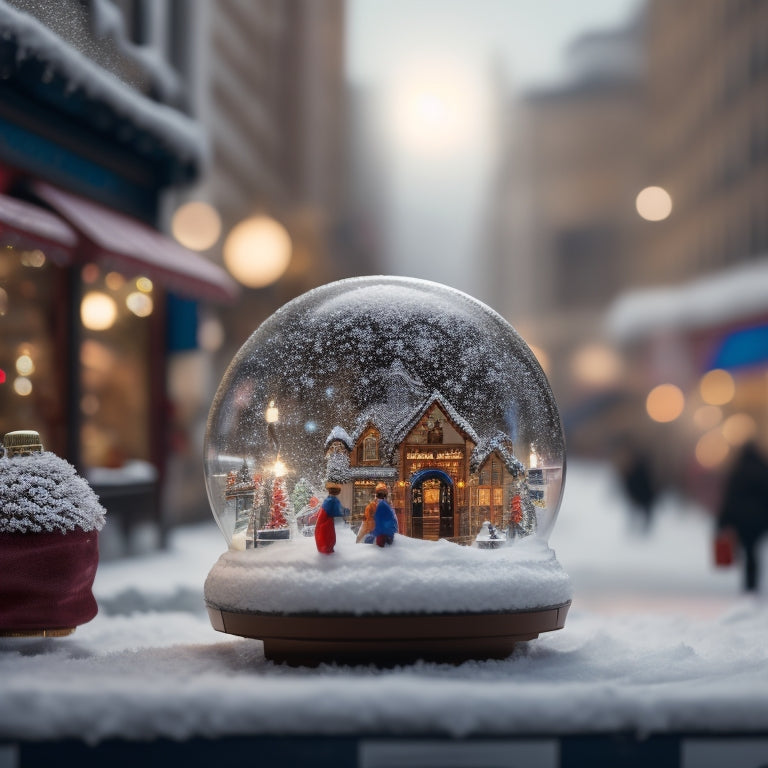 A festive, snowglobe-inspired scene featuring a miniature cityscape with busy streets, decorated storefronts, and shoppers carrying colorful bags, surrounded by snowflakes, ornaments, and sparkling lights.