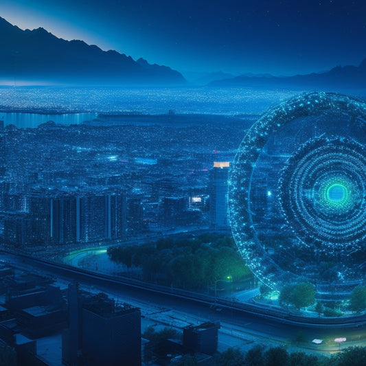 An abstract illustration featuring a stylized, glowing gateway with swirling patterns of blue and green circuitry, surrounded by faint, interconnected nodes and subtle hints of a cityscape at dusk.