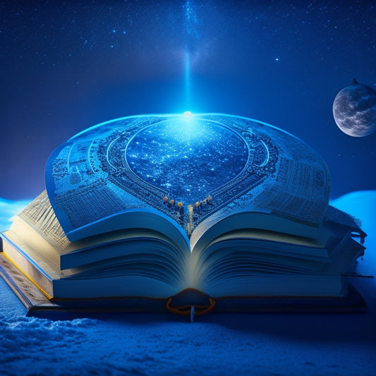 A futuristic, opened book with glowing blue circuitry and gears, surrounded by swirling clouds of paper sheets, with 3D printing machines and robots in the background, set against a dark, starry night sky.
