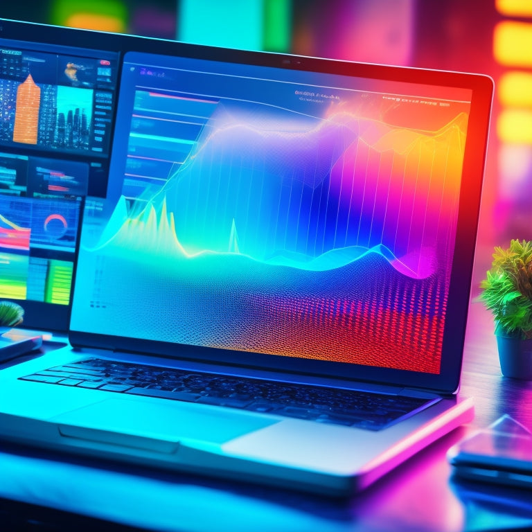 An upward-trending graph with a burst of colorful, swirling digital codes and pixels in the background, surrounded by minimalist icons of laptops, tablets, and smartphones.