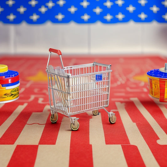 A maze with a shopping cart at the center, surrounded by 50 puzzle pieces, each with a state flag, and a compass with a needle pointing towards a dollar sign.