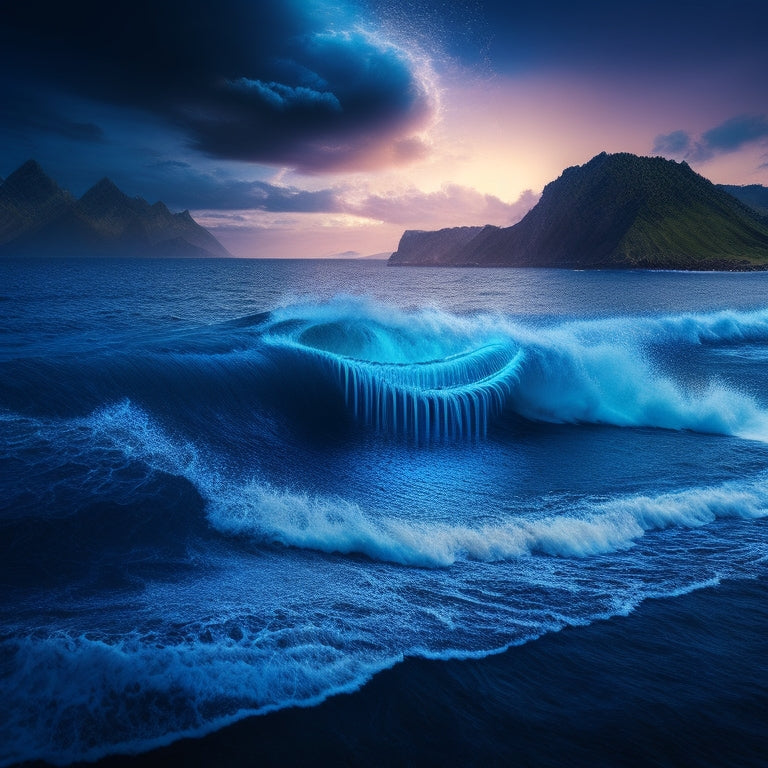 A stylized illustration of a digital ocean wave, with 1s and 0s replacing water droplets, crashing onto a shoreline of servers and hard drives, with a glowing blue light emanating from the center.