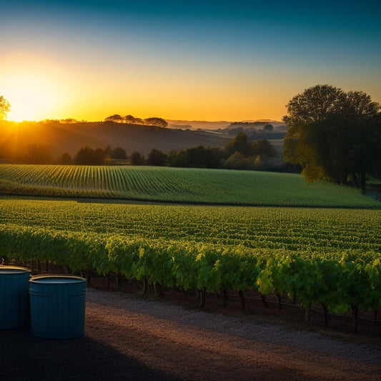 A serene vineyard landscape at dusk with a faint green glow emanating from recycling bins placed among the rows of grapevines, symbolizing eco-friendliness and sustainability.