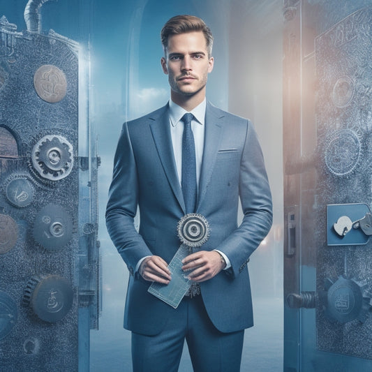 An illustration of a businessperson standing in front of a large, complex lock with multiple keyholes, surrounded by puzzle pieces and gears, with a subtle background of credit card symbols and network diagrams.