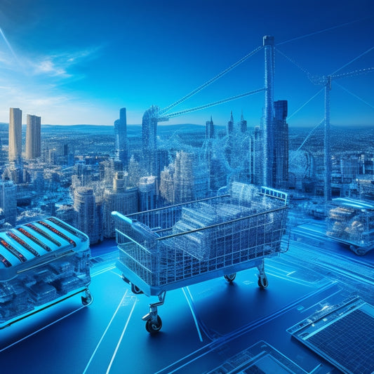 An abstract illustration featuring interconnected gears, shopping carts, and laptops, set against a bright blue background, with subtle hints of cityscapes and digital circuits.