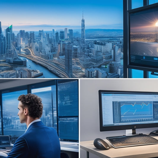 A split-screen image featuring a digital dashboard with various gauges, graphs, and charts on the left, and a person analyzing data on a laptop on the right, with a subtle cityscape in the background.