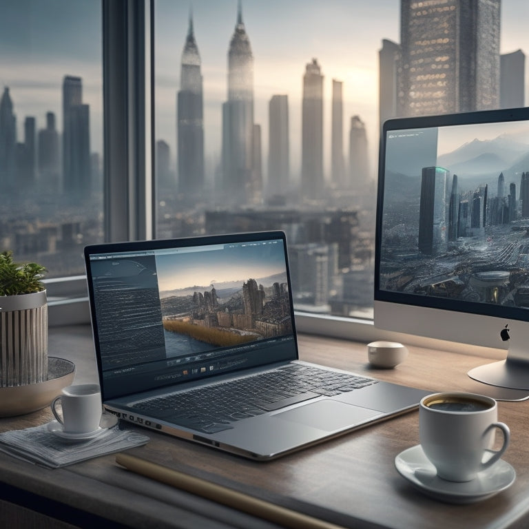 A futuristic desk with a sleek, silver laptop displaying a website builder interface, surrounded by scattered website templates, pencils, and a cup of steaming coffee, set against a blurred cityscape background.