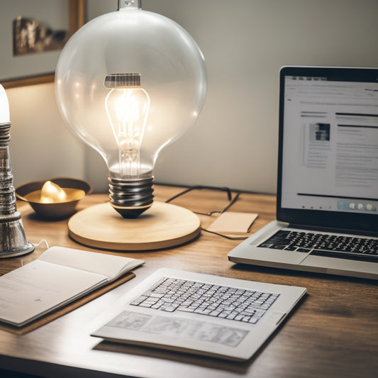 A minimalist illustration of a laptop open on a desk, surrounded by sketches and notes, with a lightbulb above it, connected to a small globe, symbolizing online course creation and global reach.