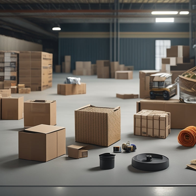 Illustrate a stylized, minimalist warehouse scene with a conveyor belt, cardboard boxes, and a few scattered products (e.g., a toy, a book, a vase).