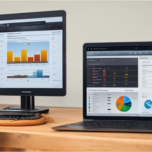 A split-screen image with a laptop on the left, displaying a digital product download dashboard, and a tablet on the right, showing a comparison chart of popular digital product download platforms.