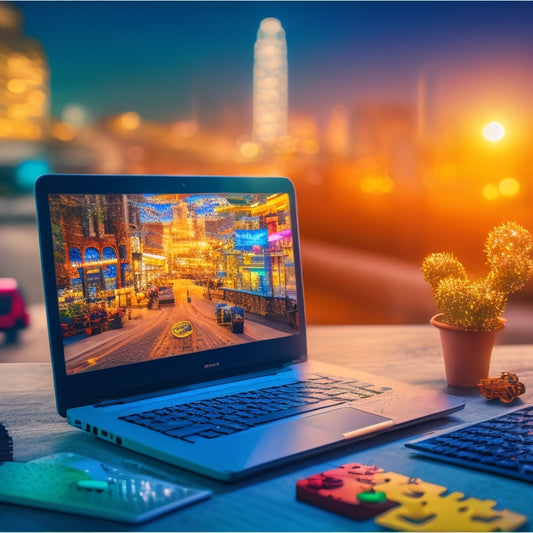 An illustration of a laptop screen displaying a thriving ecommerce website, surrounded by puzzle pieces, gears, and lightbulbs, with a subtle cityscape background and a faint shopping cart icon.