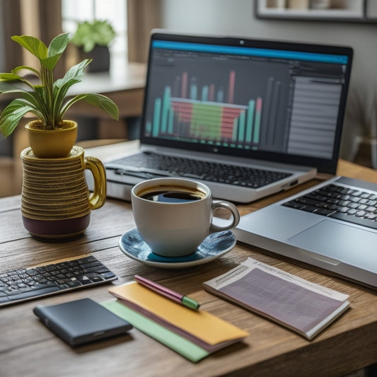 A laptop on a desk with a cup of coffee and a notebook nearby, surrounded by colorful sticky notes and a miniature trophy, with a subtle background of a graph trending upward.