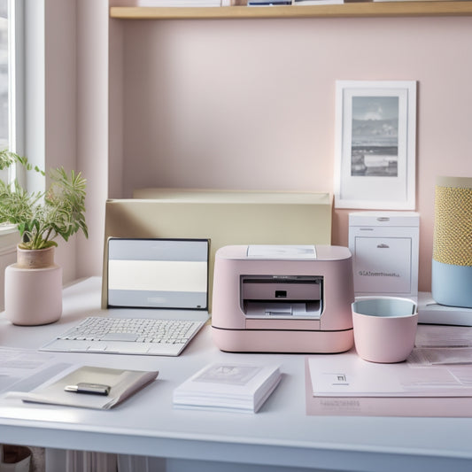 A clutter-free desk with a small printer, a roll of shipping labels, and a few neatly packed boxes in the background, surrounded by minimal office supplies and a calm, pastel color scheme.