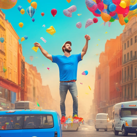 An illustration of a victorious merchant standing on a mountain of printed t-shirts, surrounded by a cityscape of online marketplaces and delivery trucks, with confetti and balloons in the air.