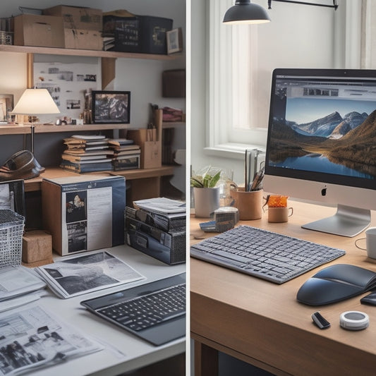 A split-screen image with a cluttered, disorganized workspace on one side, with papers, CDs, and flash drives scattered around, and a clean, modern desk with a laptop and minimal accessories on the other.